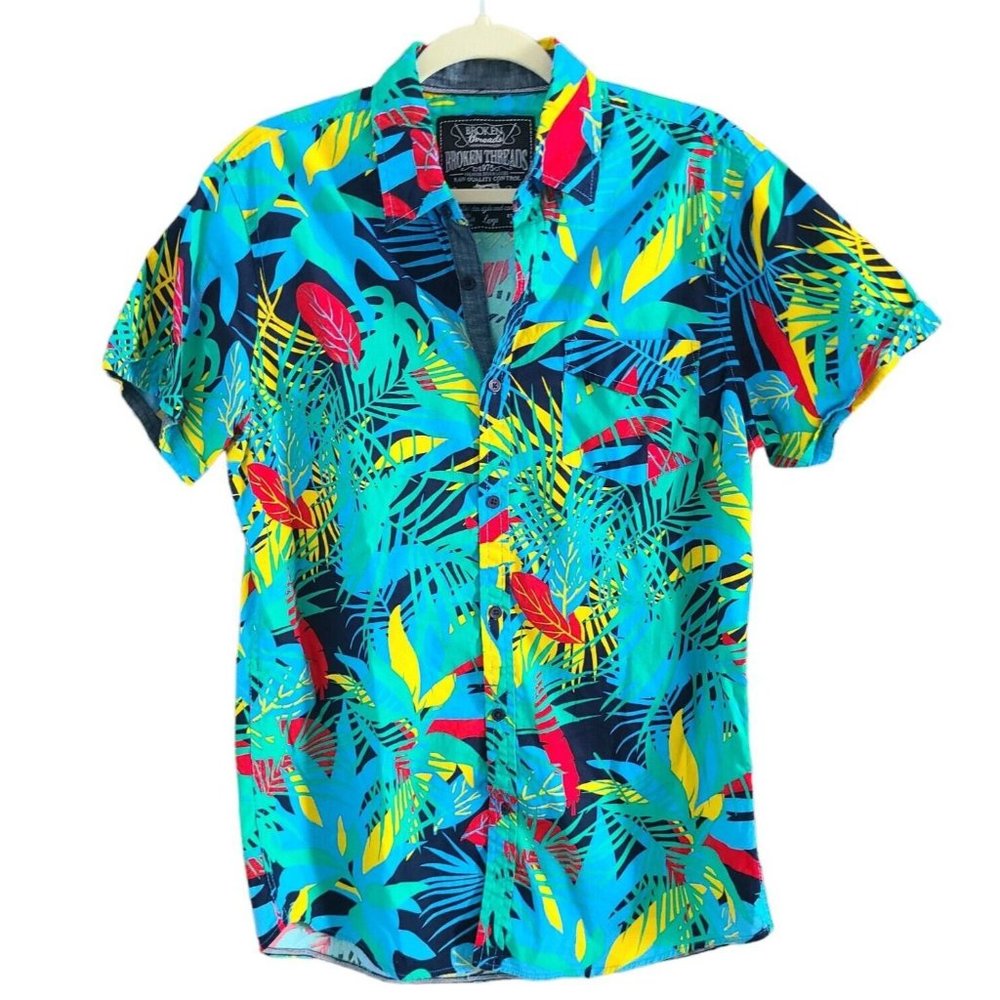 BROKEN THREADS MENS LARGE BUTTON UP SHORT SLEEVE 100% COTTON HAWAIIAN FLORAL